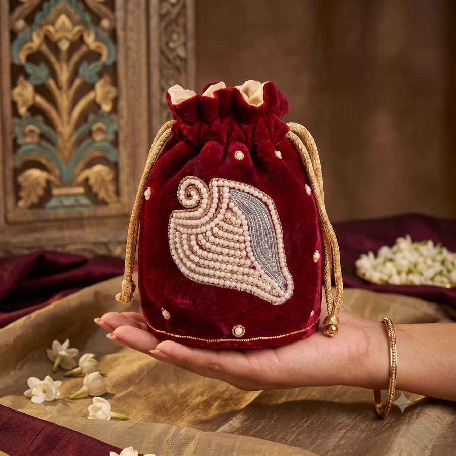 Girnar Neminath Velvet Potli (maroon)