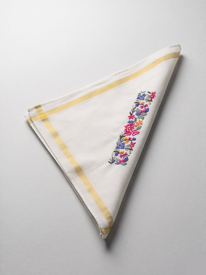 Embroidered Girnar Kerchief | French Work Note | White & Gold