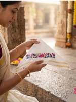 Embroidered Girnar Kerchief | French Work Note | White & Gold